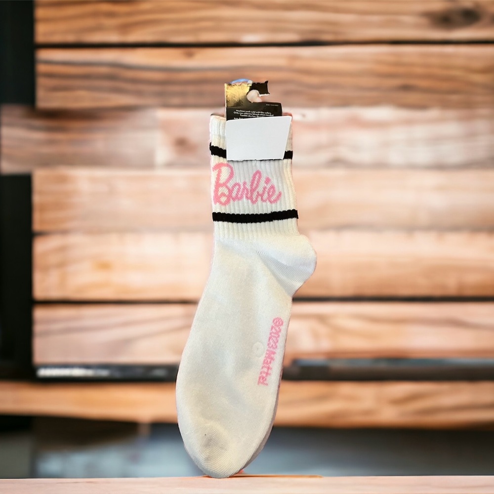NEW Barbie Logo Crew Socks - Shoe Size 5-10 White, Pink & Black Barbiecore